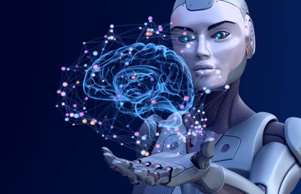 Natural Language in AI with robot holding brain of the future