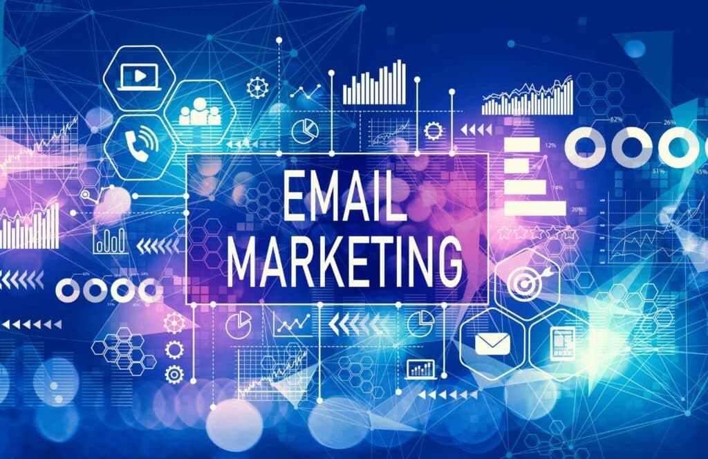 A blue and purple background with the words "email marketing" and various marketing icons in white. Keep reading to learn more about how to monetize your blog from day one.
