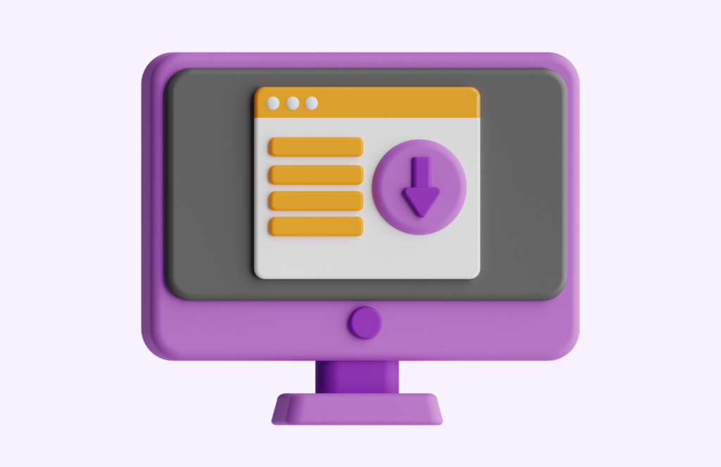 A 3D image of a desktop screen with a download icon on a landing page. Keep reading to learn more about how you can increase website conversions.