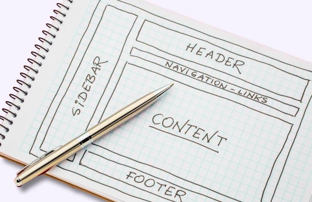 A blog design mockup drawn on notebook paper which includes the header, navigation, content, footer, and sidebar. Keep reading to learn more about how you can increase website conversions.