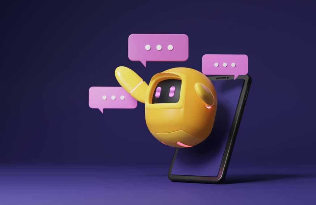 A yellow chatbot popping out on a mobile device with purple text bubbles surrounding it. Keep reading to learn more about how you can increase website conversions.
