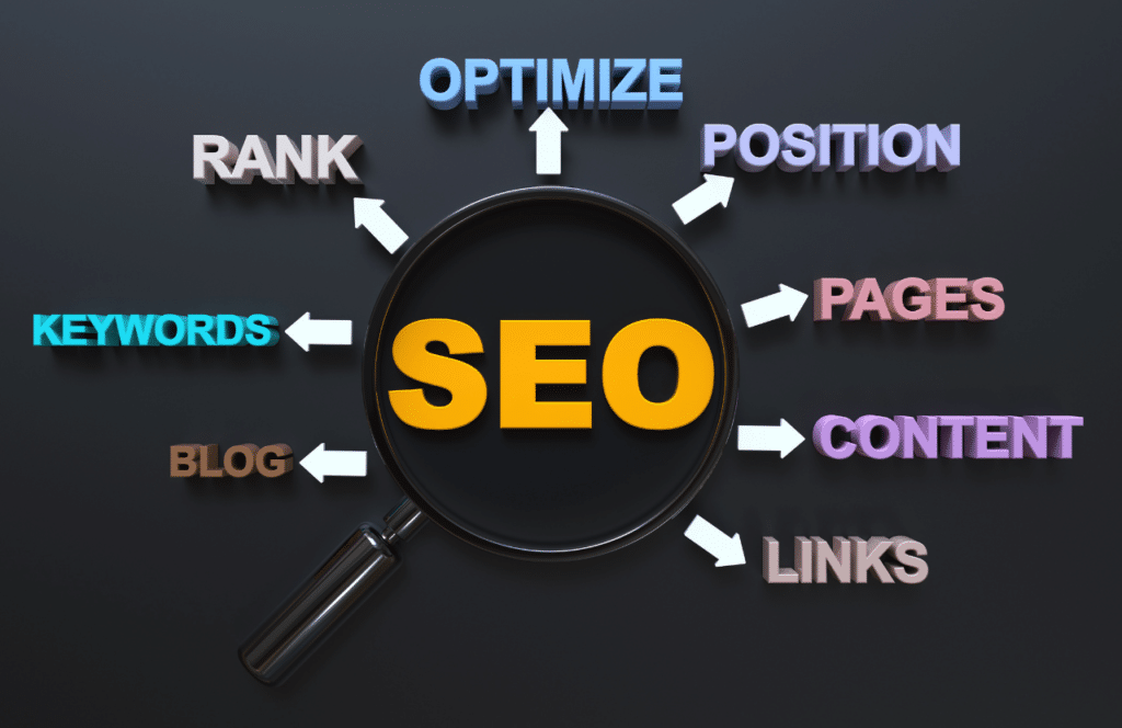 The word SEO with arrows pointing out from it, with important factors to help optimize for Google such as blog keywords, rank, optimize, position, pages, content, and links.