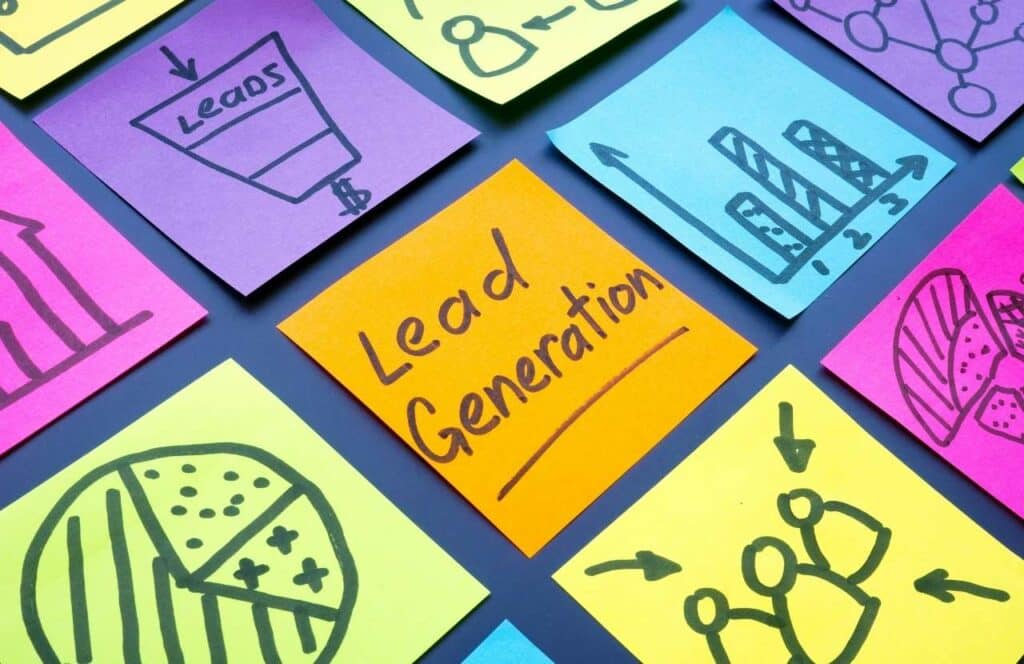 Various bright colored sticky notes with the words "lead generation" on as the one front and center with others showing diagrams related to funnels and customer acquisition. This is important for bloggers because content is king.