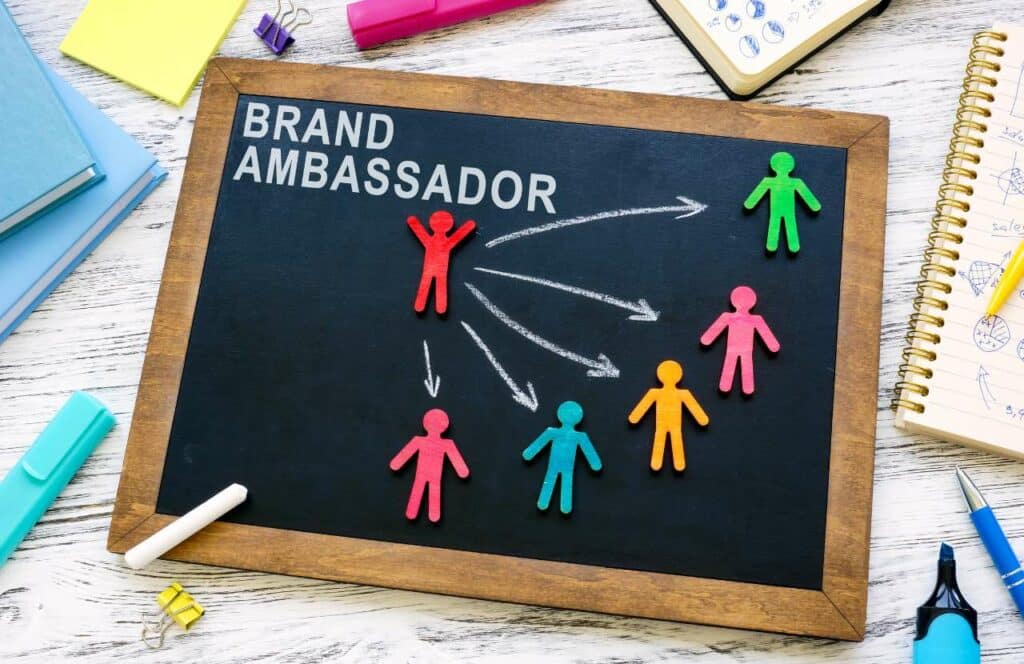 A chalkboard with the words "BRAND AMBASSADOR" and arrows pointing to various people representing the influence a brand can have on people. If you want to learn how to build brand awareness for your blog, then keep reading.