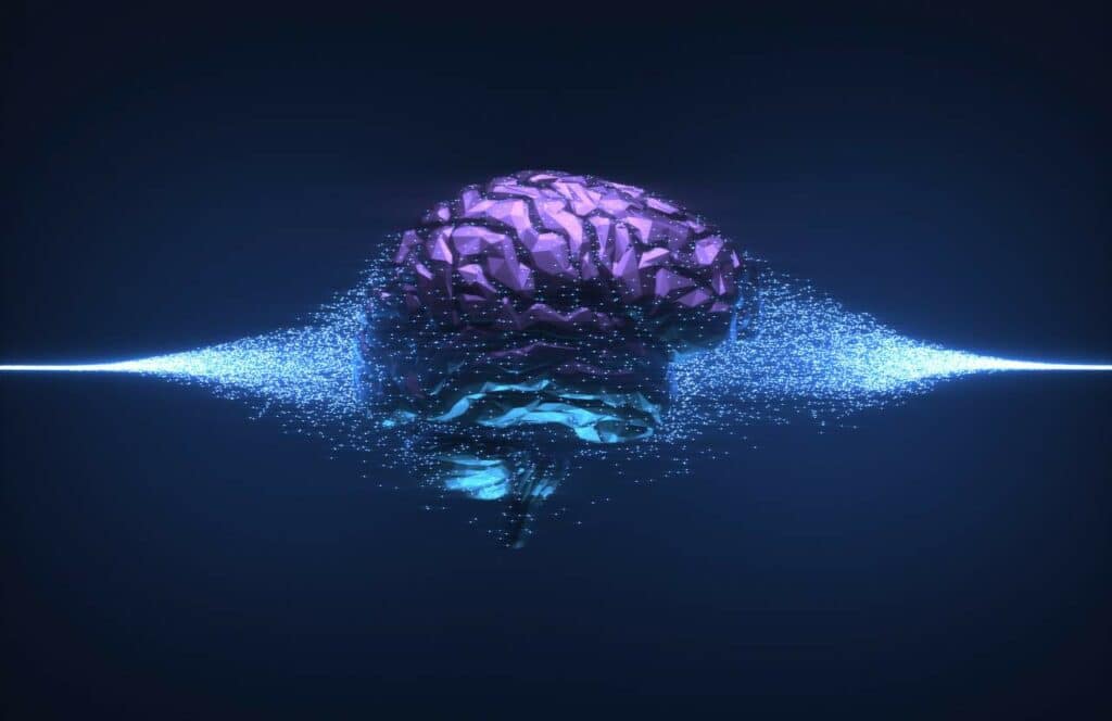 A human shaped brain with data entering it and floating with a black background
