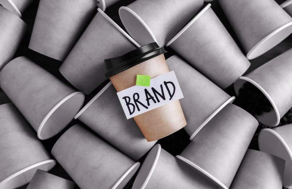 A pile of coffee cup in gray except for the one on the very top that is brown with a black lid, with the word "BRAND" taped to it. If you want to learn how to build brand awareness for your blog, then keep reading.