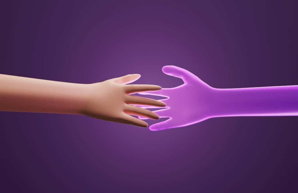 A robot arm touching finger tips with a human's finger tip with bright purple energy exuding. Learn more about how today's technology is helping bloggers to create higher quality content because content is king.