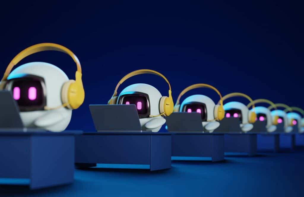 A row of seven white chatbots with pink eyes sitting at laptops with yellow headphones on. Learn more about internal linking best practices by reading this blog post.