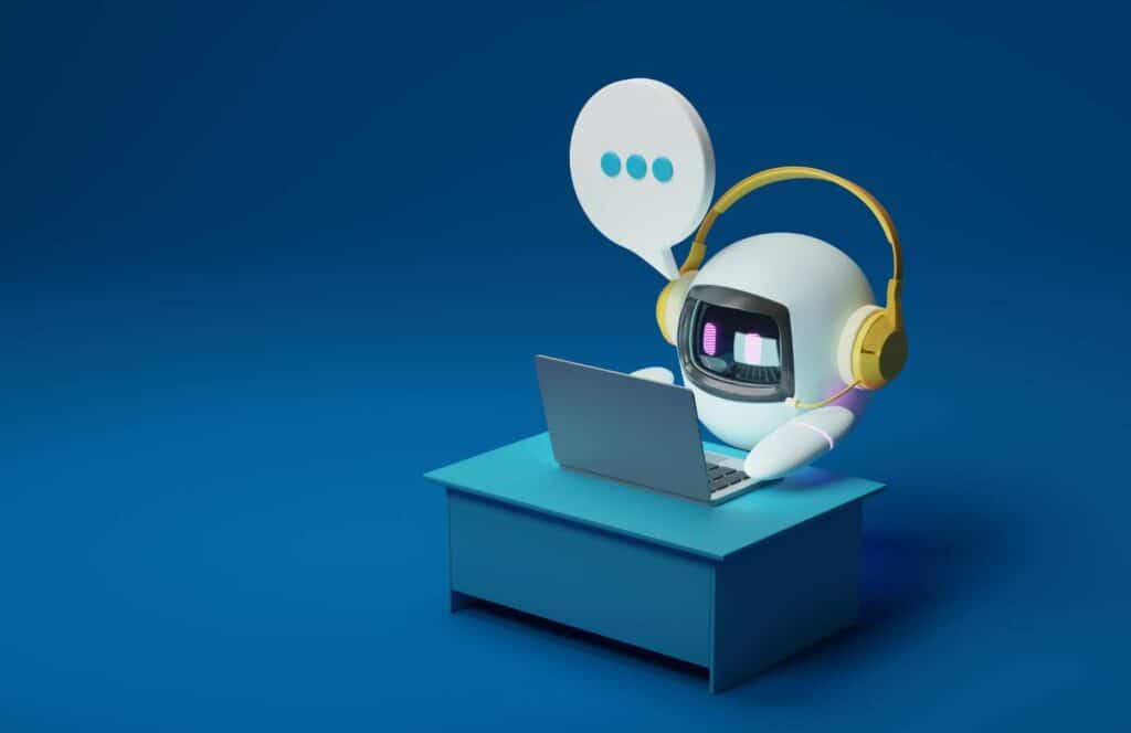 A single white chatbot with pink eyes sitting at a laptop with yellow headphones on