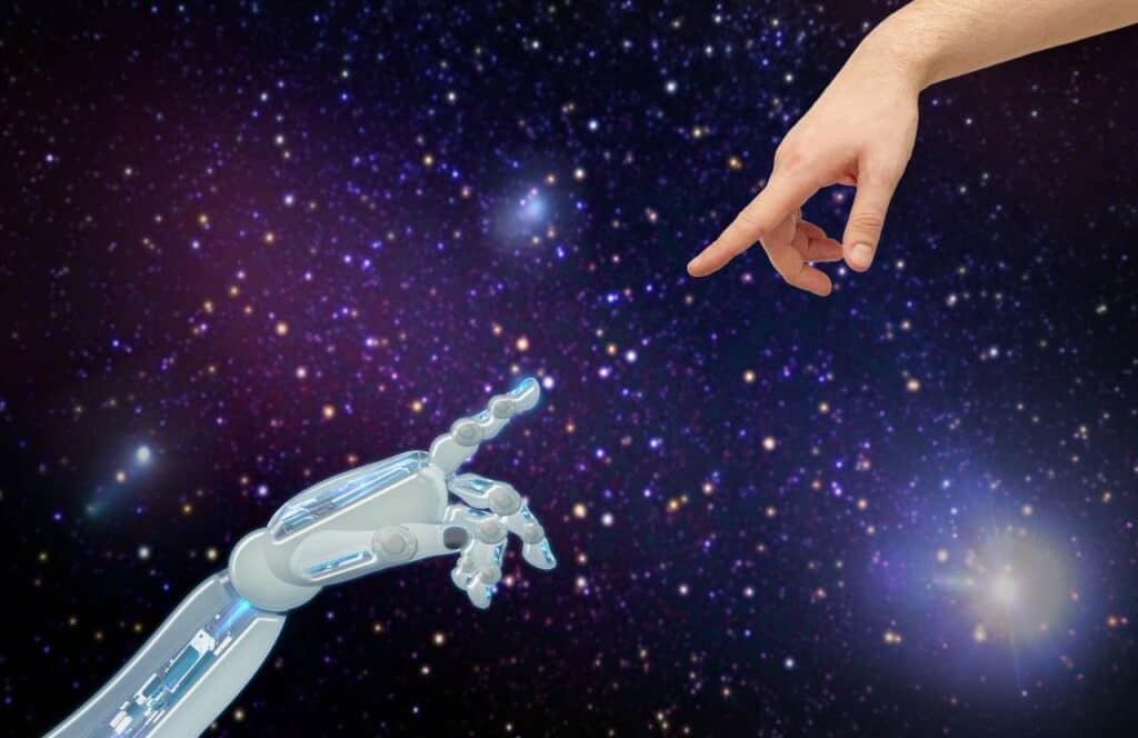 A space background with a robot arm and human arm reaching out and touching their pointer fingers.