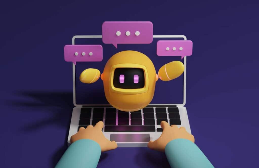 A yellow chatbot popping out on a laptop computer with purple text bubbles surrounding it.