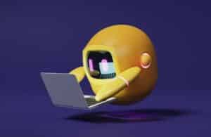 A yellow chatbot typing on a laptop and floating in front of a purple background.