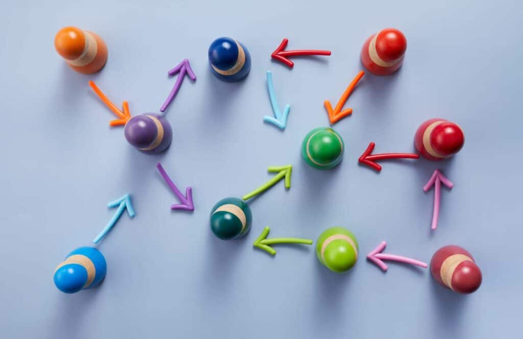 An assortment of colorful wooden pegs with arrows linking between each to one another. Learn how important linking relevant content is for your blog articles because content is king.