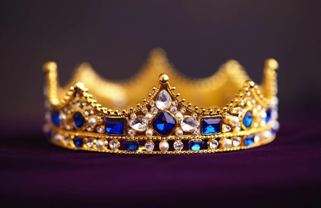 A king's crown with white and blue gems sitting on a dark purple cloth. This signifies how content is king.